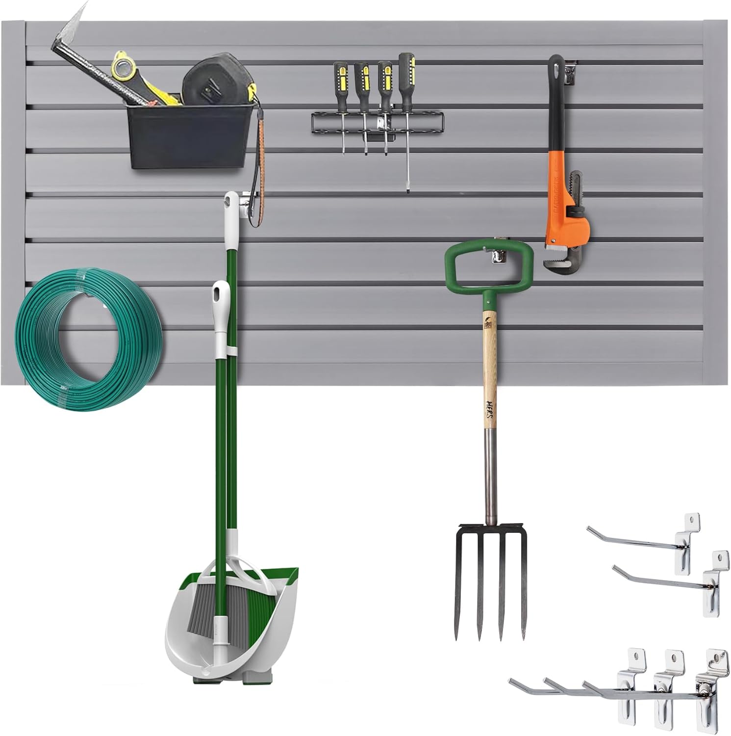 Slatwall Panel Garage Wall Organizer Storage Systems, Wall Mounted PVC Storage Rack with 10 Hooks, Interlocking Workshop Slat Wall Paneling Sheets Board Shelves Tools Organization-Grey (8’H x 4’W)