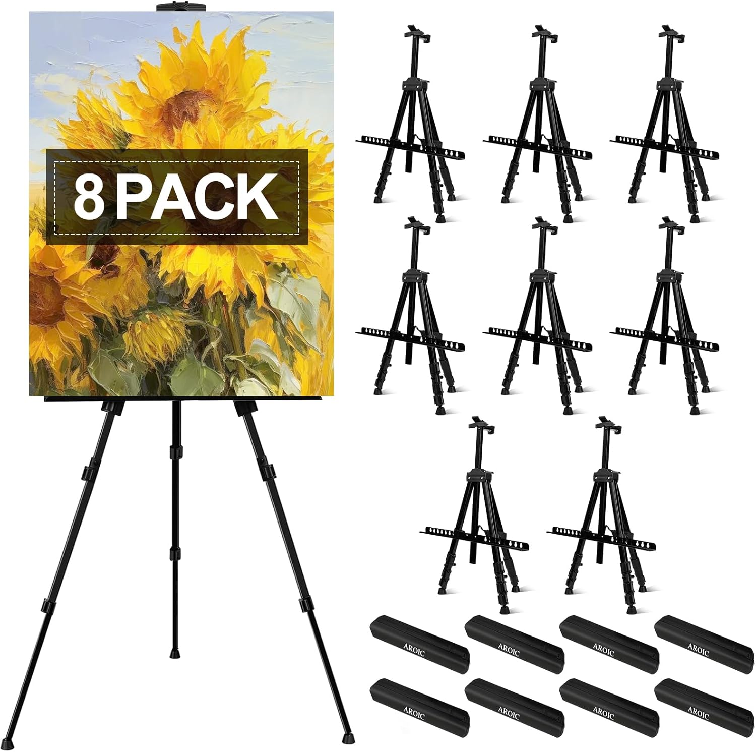 AROIC 8 Pack Painting Display Easel Stand Portable Adjustable Metal Tripod Artist Canvases Height from17to66Inch Extra Sturdy forTable-Top/Floor Painting, Drawingand Displaying,Black with8Storage Bag
