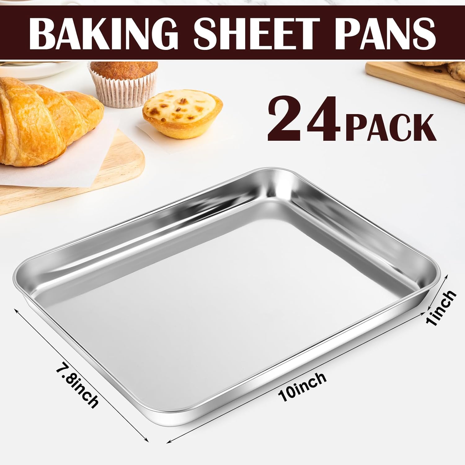meekoo 24 Pcs Baking Sheet Pan Cookie Sheet Set for Oven Stainless Steel Trays Nonstick Small Serving Tray Cake Toaster Metal Food Trays, Oven and Dishwasher Safe(10 x 8 x 1 Inch)