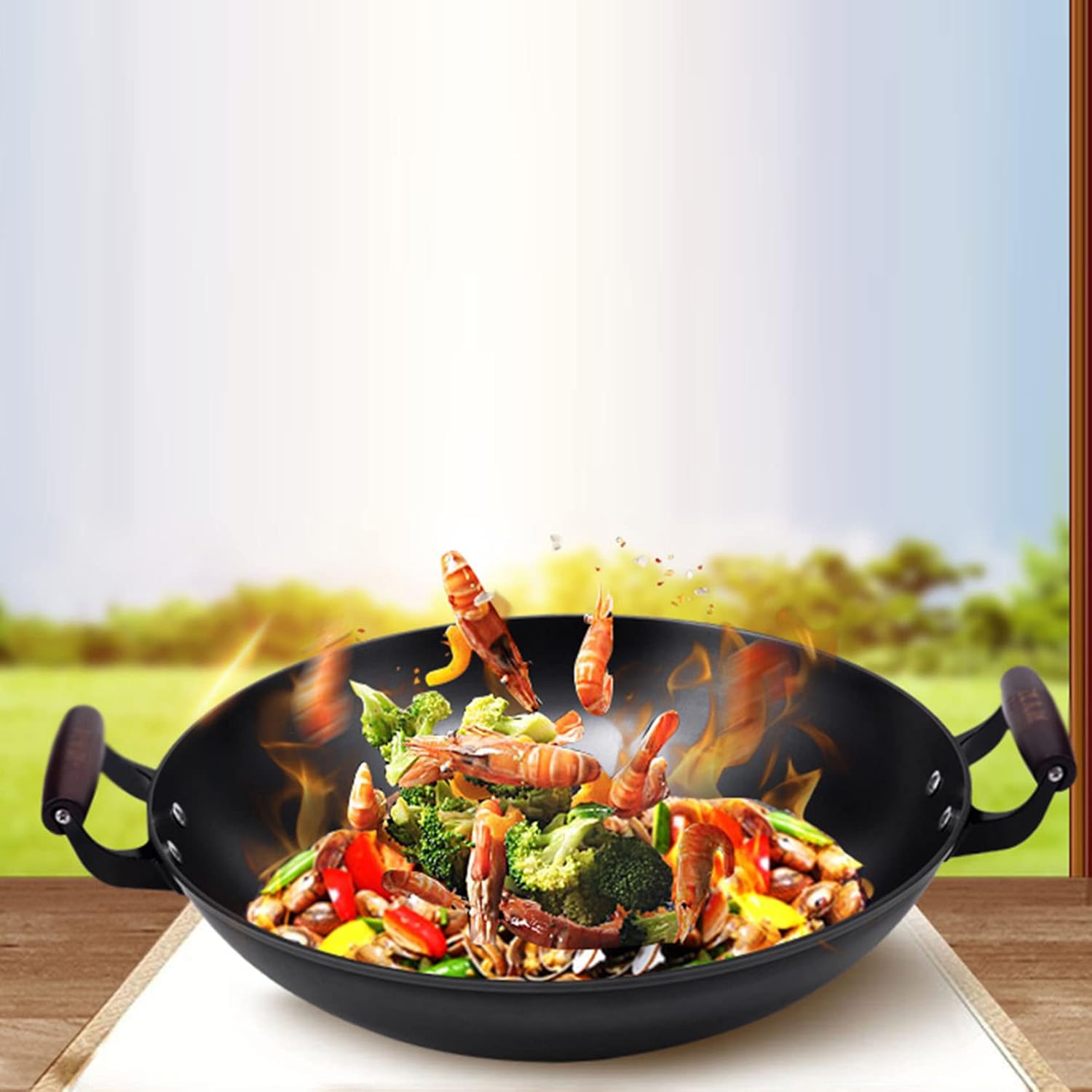 Cast Iron Wok, Double Ear Cast Iron Wok Pot, Household Large Iron Wok,46Cm,46cm