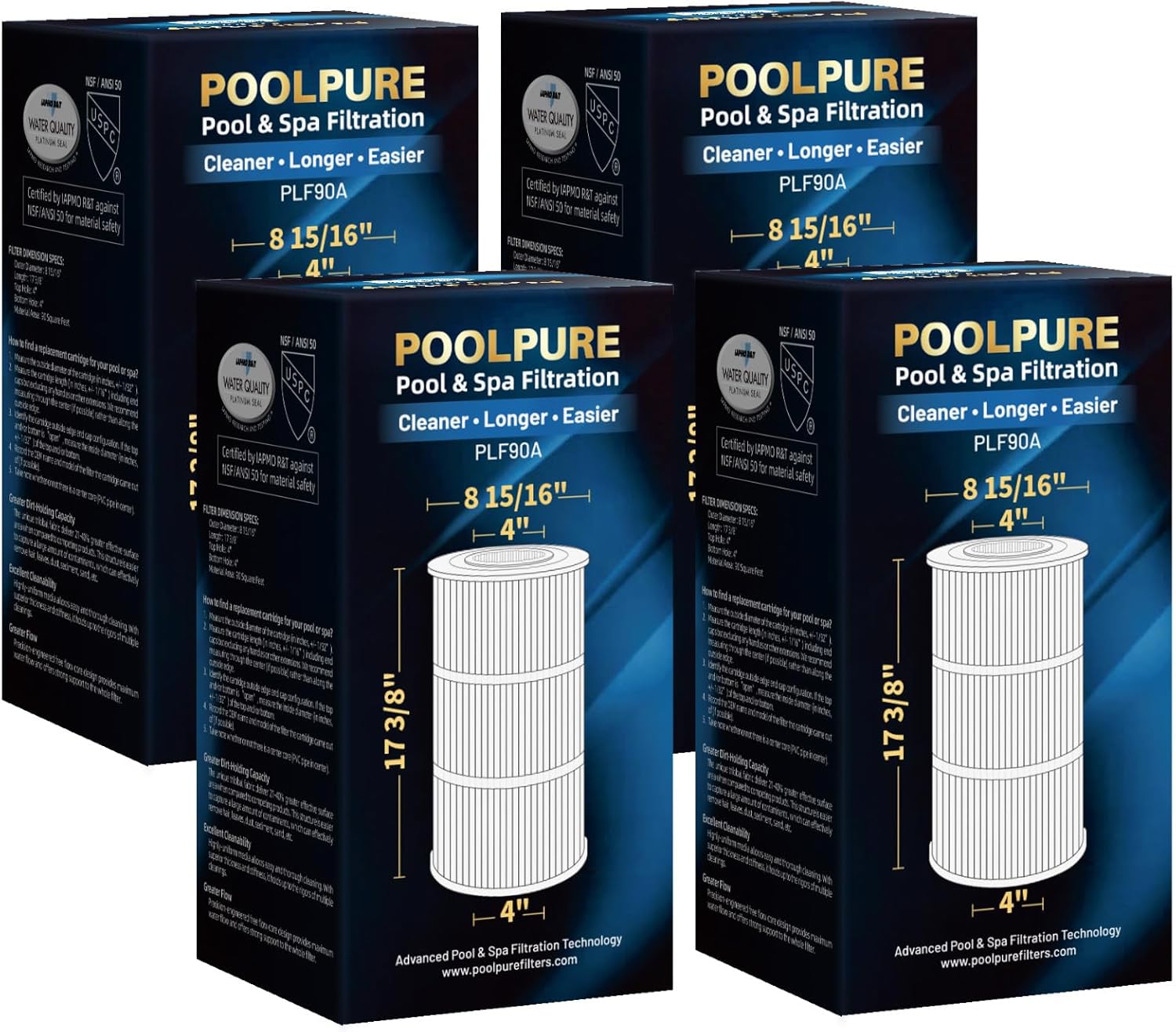 POOLPURE Pack of 4 PLF90A Pool Filter Compatible with Hayward C900, CX900RE, Pleatco PA90, Ultral-B6, Unicel C-8409, Filbur FC-1292, SR PXC95, 90 sq.ft, L x OD: 17 3/8
