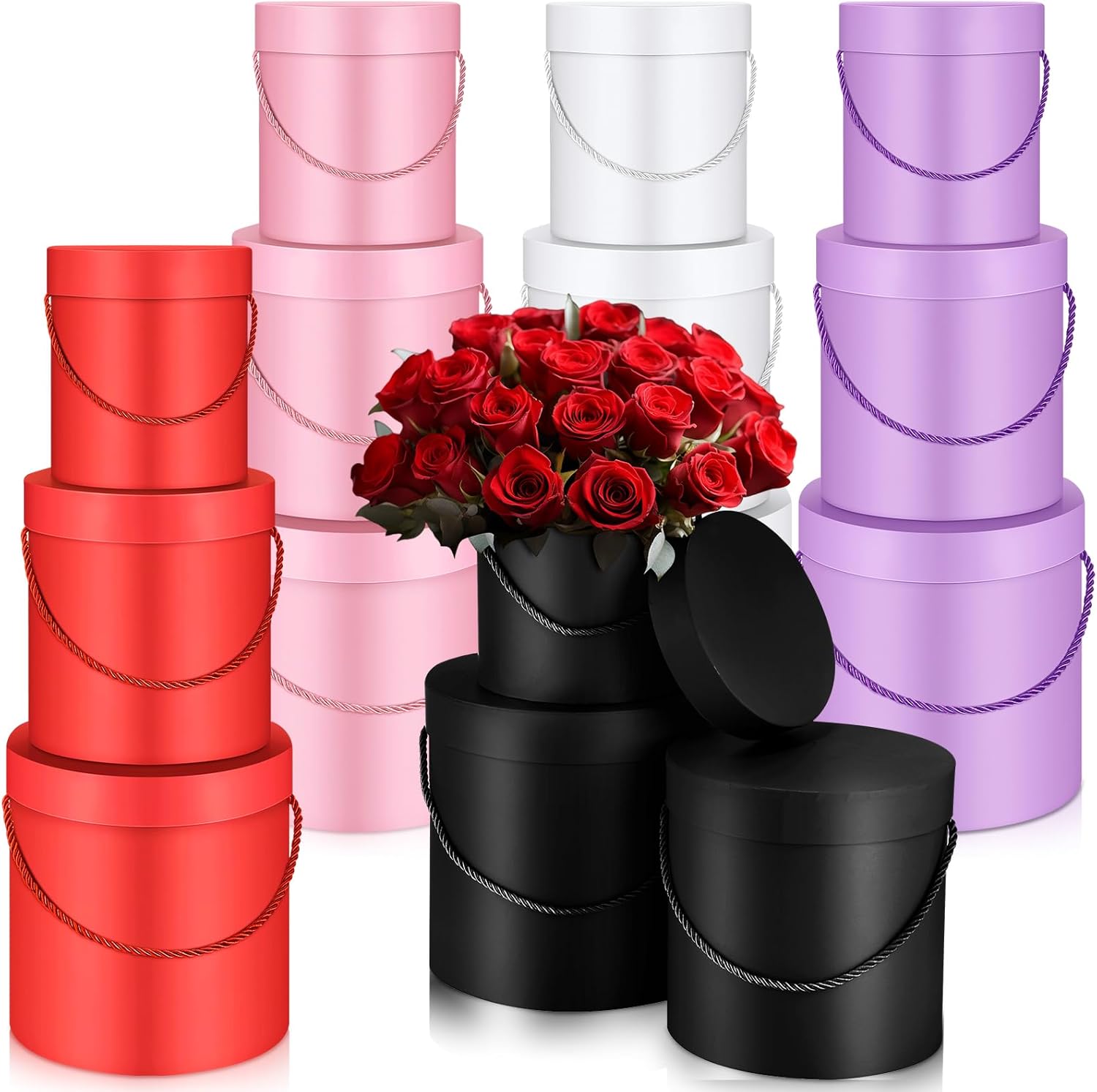 Cholemy 12 Set Round Flower Boxes with Lids 3 Sizes Round Gift Boxes for Arrangements Nesting Gift Box with Handle for Graduation Birthday Anniversary Wedding(Pink, Red, White, Black)