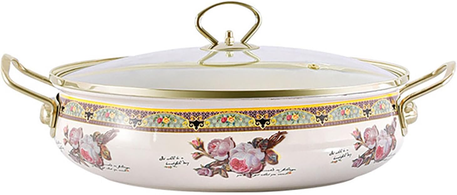 Nonstick Saucepan with Glass Lid Flower Enamel on Steel Cooking Pot with Lid, Vintage Thicken Soup Pot with Handles for stovetop, Oven Safe, Gift for Housewarming Wedding Birthday,30CM