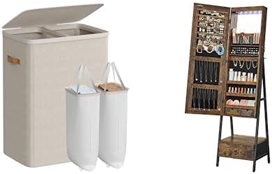 SONGMICS Laundry Basket, LED Jewelry Cabinet Standing with Full-Length Mirror, ULCB813L01 and UJJC25X01