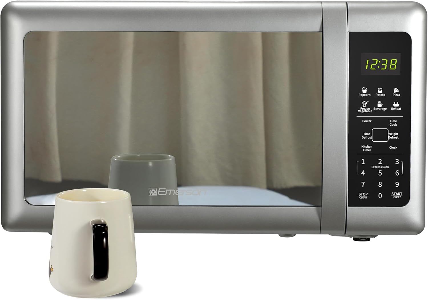 Emerson MW7601SL Countertop Microwave Oven with Sleek Mirrored Finish Glass Door, 700W, 10 Power Levels and 6 Pre-Programmed Settings with Child Safe Lock, 0.7. Cu. Ft., Silver