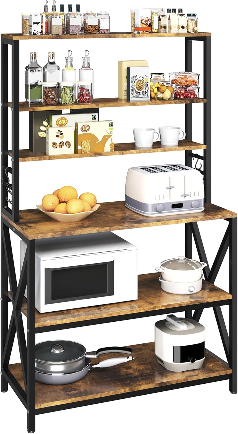 Yaheetech 6-Tier Kitchen Bakers Rack, 31.5 Inch Coffee Bar Table, Farmhouse Microwave Oven Stand Cabinet for Small Spaces, Corner Organizer Storage Shelf for Spices and Pots Rustic Brown