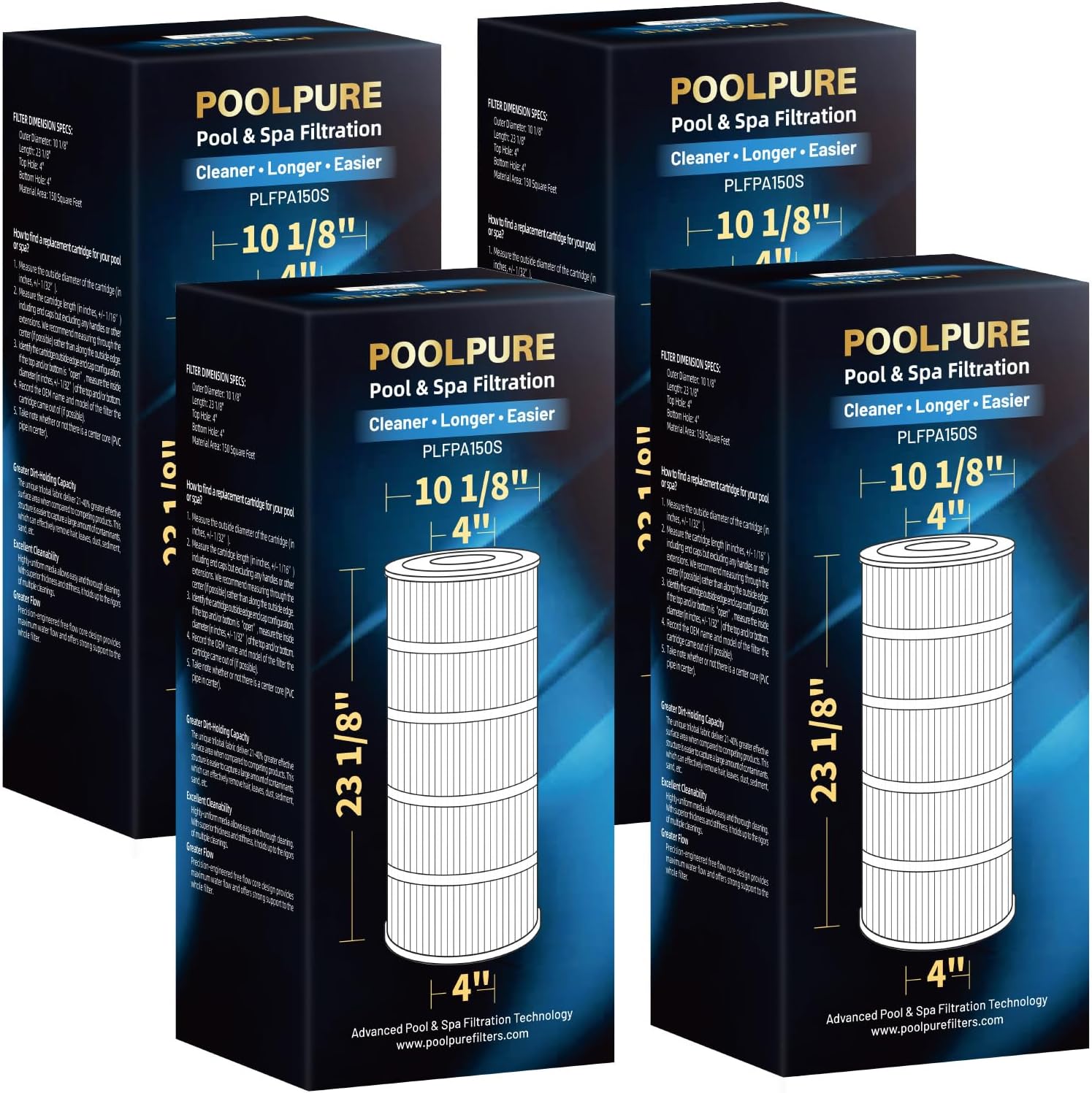 POOLPURE Pack of 4 PA150S Pool Filter Compatible with Hayward CX150XRE, Hayward SwimClear C150S, PA150S, Ultral-D4, 150 sq.ft Filter Cartridge