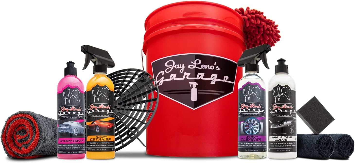 Jay Leno's Garage Car Wash Kit with Bucket – Auto Detailing Kit for Interior and Exterior, Car Cleaning Supplies Set with Wash Mitt, Tire Shine, Wheel Cleaner, Car Wax, Microfiber Towels, Car Wash Kit