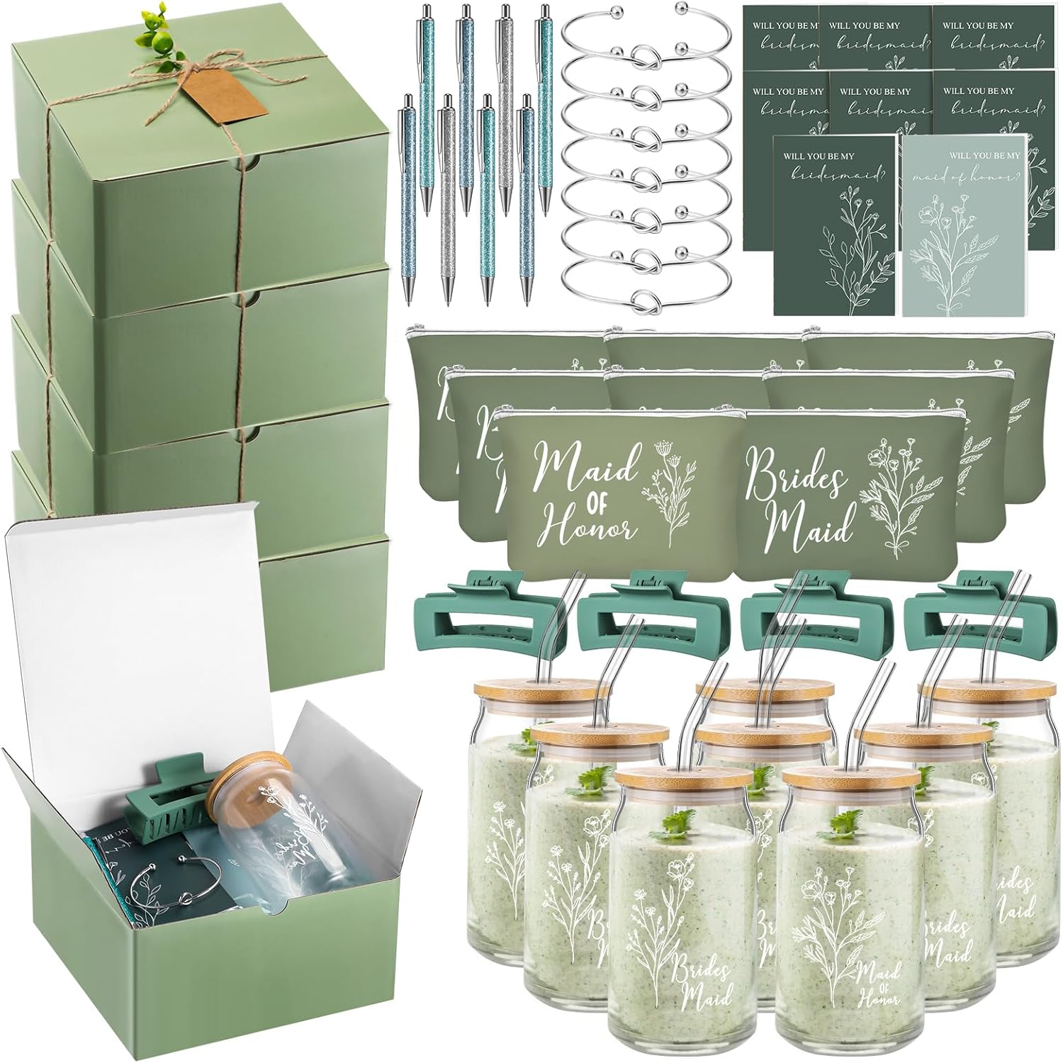 8 Sets/ 80 Pcs Bridesmaid Proposal Gifts Maid of Honor Gifts for Wedding, Include Glass Cup Makeup Bag Glitter Pen Card Bracelet Hair Clip Gift Box Kraft Tags Grass Twine(Green)