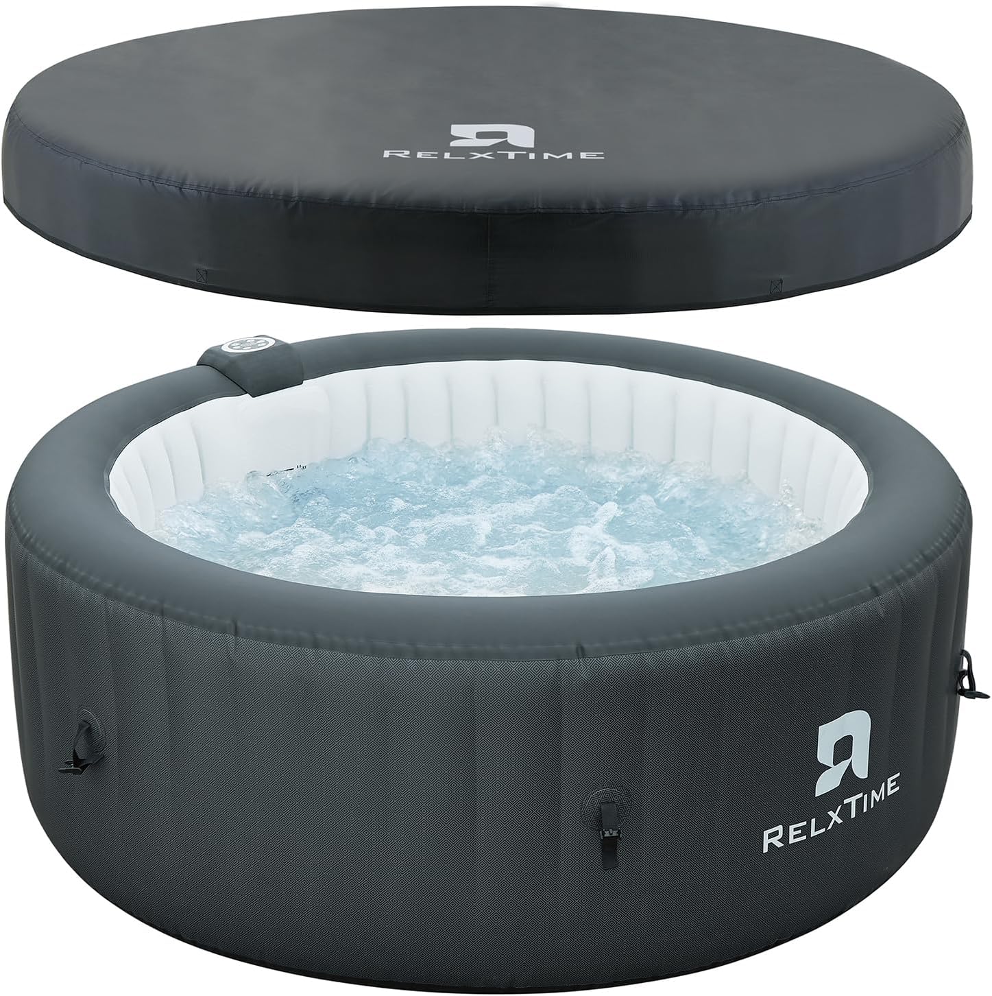 Inflatable Hot Tub 2-4 Person 110 Air Jets, Portable Blow Up Hottub with Cover, Built in Heater Pump, Round Outdoor Spa, Cup Holder, 2 Filters, Black