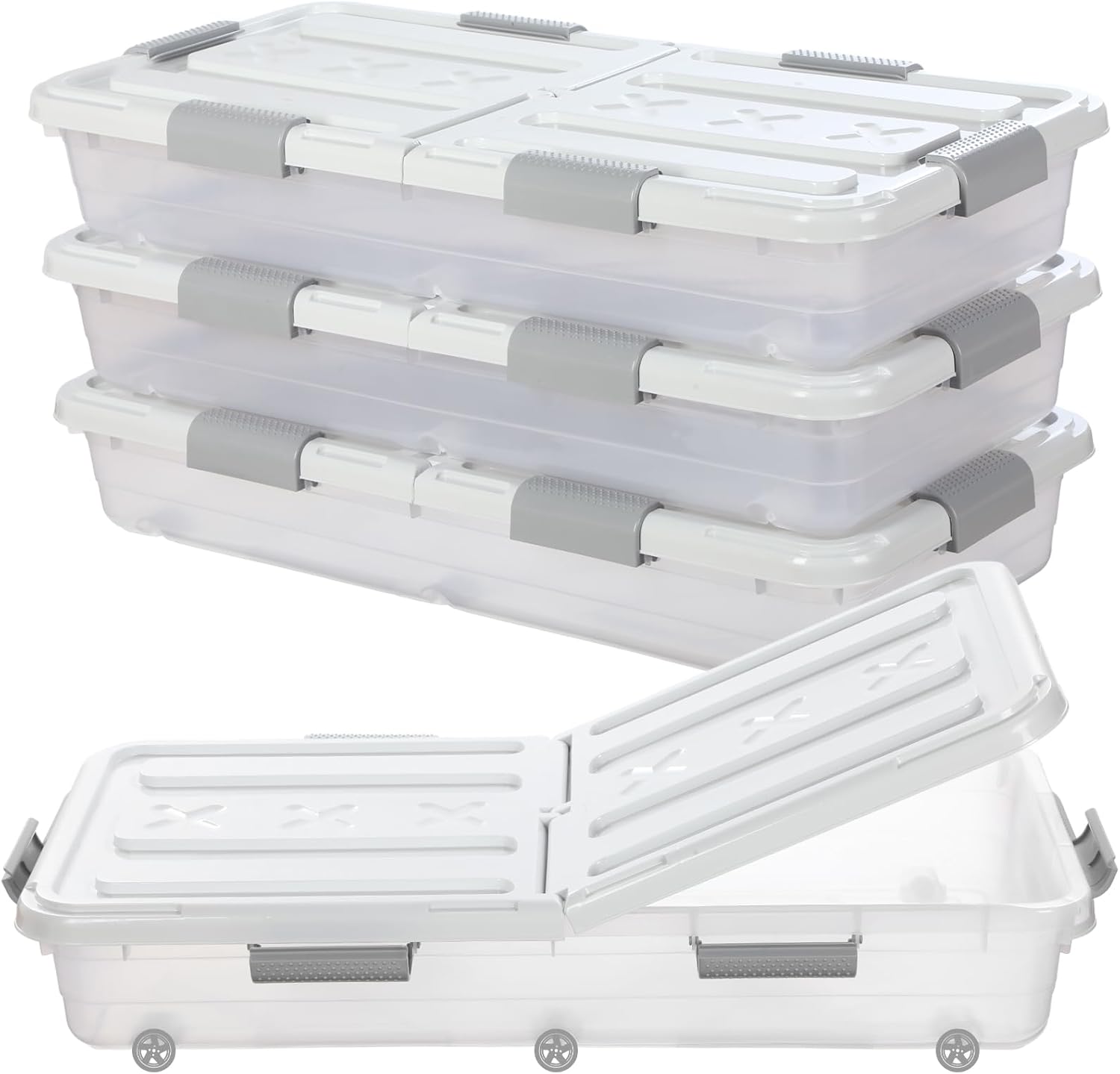 4 Pcs Plastic Under Bed Storage Containers with Double Opening Lids Wheel Handle, Transparent Large Capacity Stackable Latching Storage Bins for Closet Bedroom, 31.5 x 15.8 x 5.2 Inch(White)