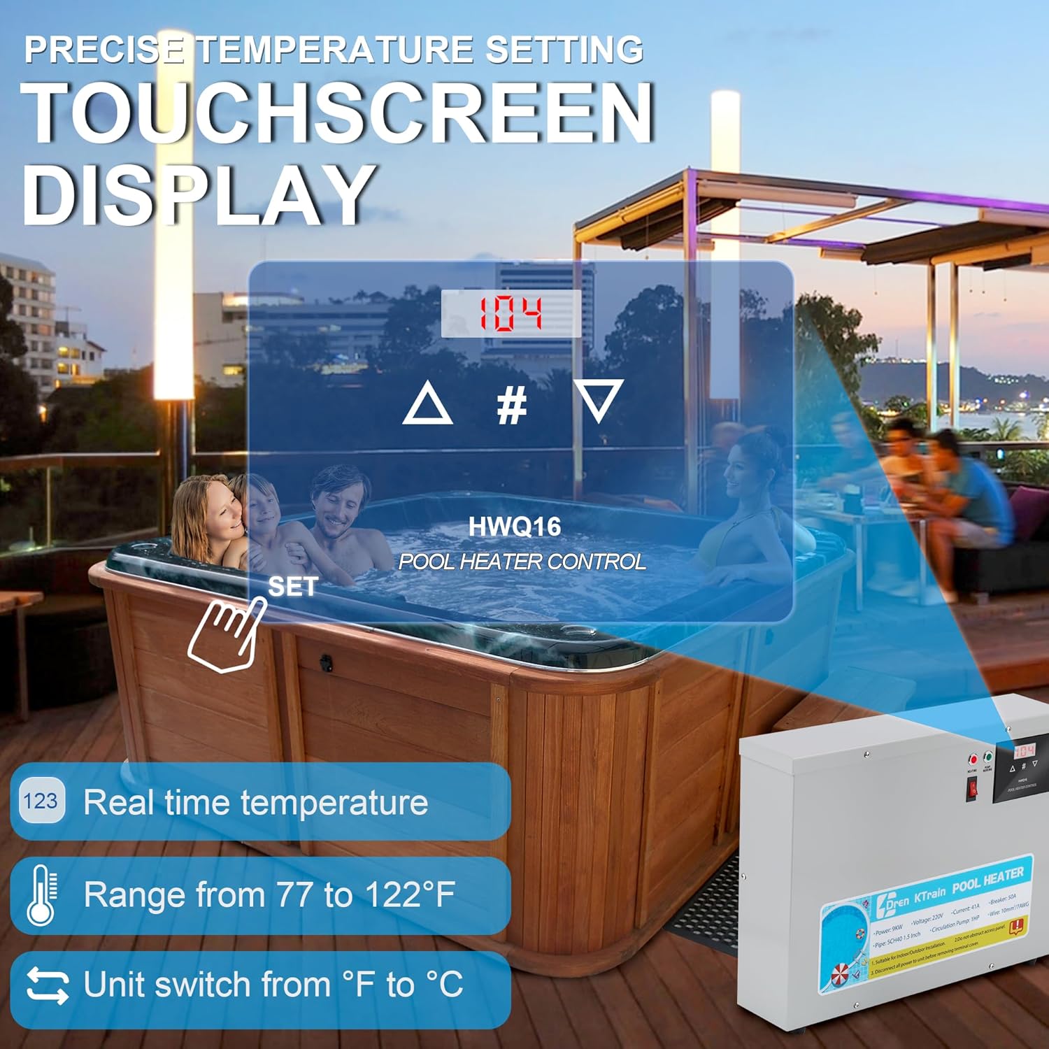 Pool Heater 15KW 220V, Upgrade Electric Swimming Pool Heaters Hot Tub Water Thermostat with Touchscreeen for Above Ground Inground Pool, Spa, Bathtub (15KW)