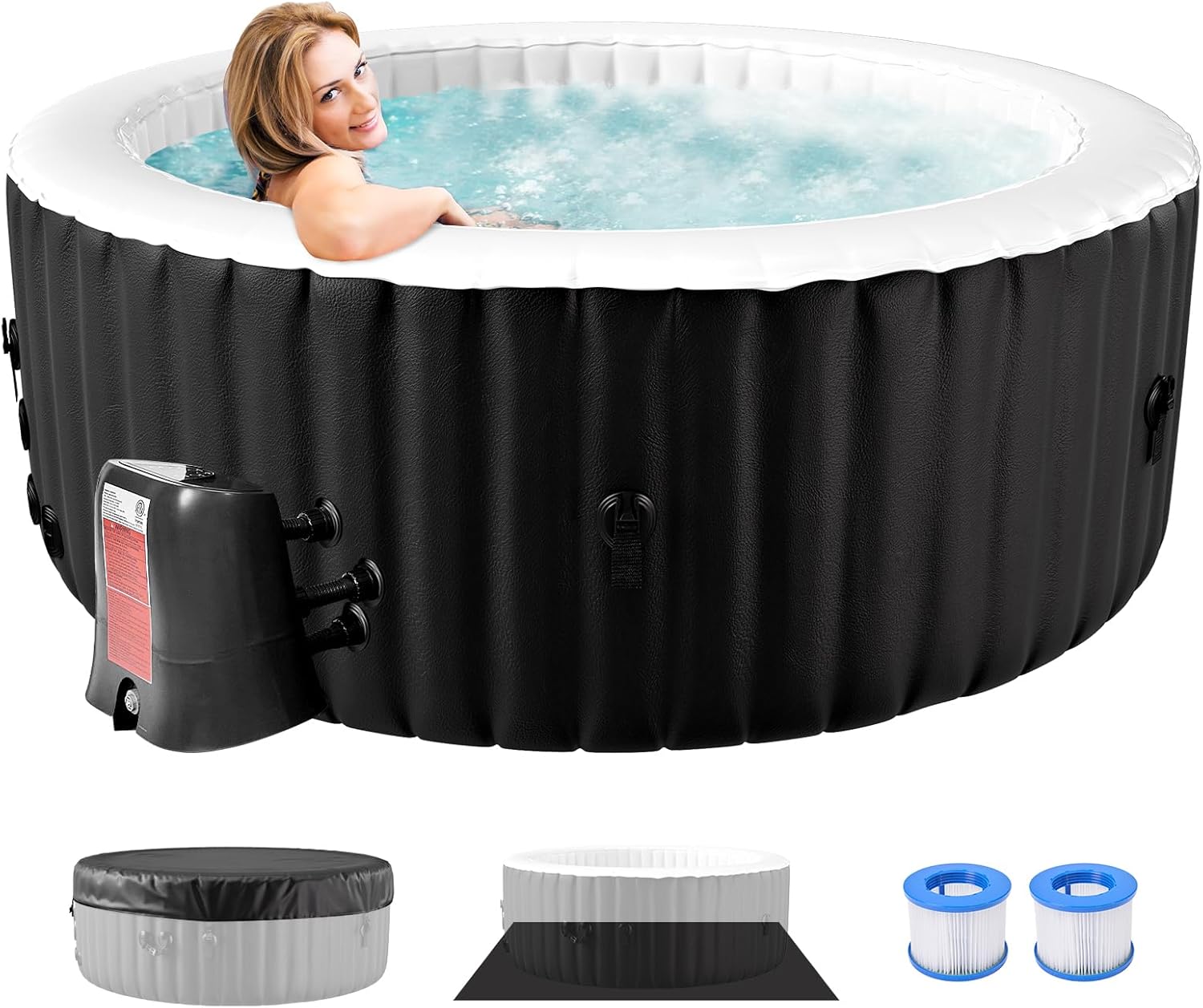 2-4 Person Inflatable Hot Tub, Round Portable Blow up Hot Tub, Leak-Proof PVC Outdoor Spa with 120 Air Jets, Insulated Cover & Heater Pump, 71” X 71” X 25”