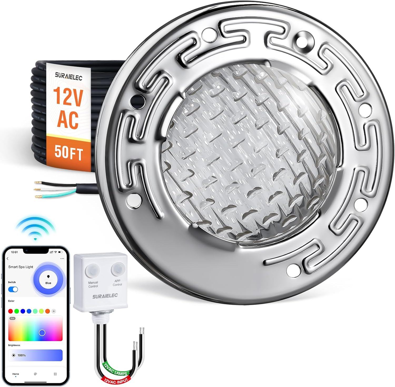SURAIELEC 6 Inch LED Spa Light for Inground Pools, 12V Smart Wi-Fi RGB Pool Light, APP & Voice Control, Fits Pentair Hayward Small Wet Niches, 50 Ft Cord