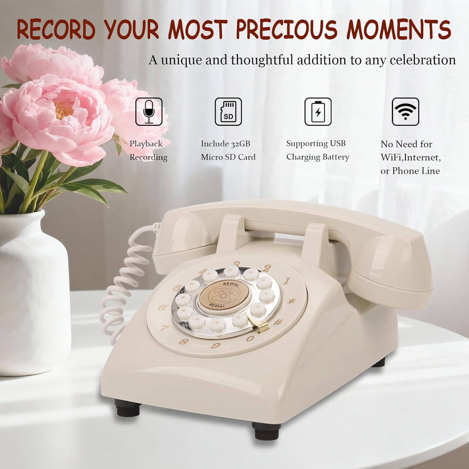 Audio Guest Book Wedding Phone, Audio Phone Guestbook Leave a Message Phone for Bridal Shower Birthday Party Baby Shower Anniversary Engagement Daily (Beige)