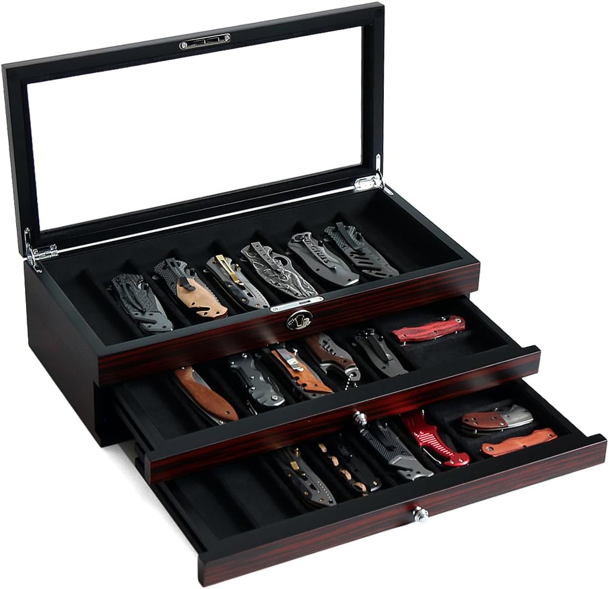Knife Display Case, 22-26 Slot Storage Box, Ebony Veneer, 3-Tier, Lockable, Showcase & Organizer for Pocket Knives, Men Gift, 15.9x7.8x4.5 inches