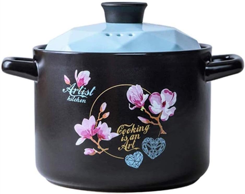 Handle Lid Ceramic Tureen Soup fire Round Black Dish Casserole Clay Pot Earthen Cookware with Heat Resistant(Blue)