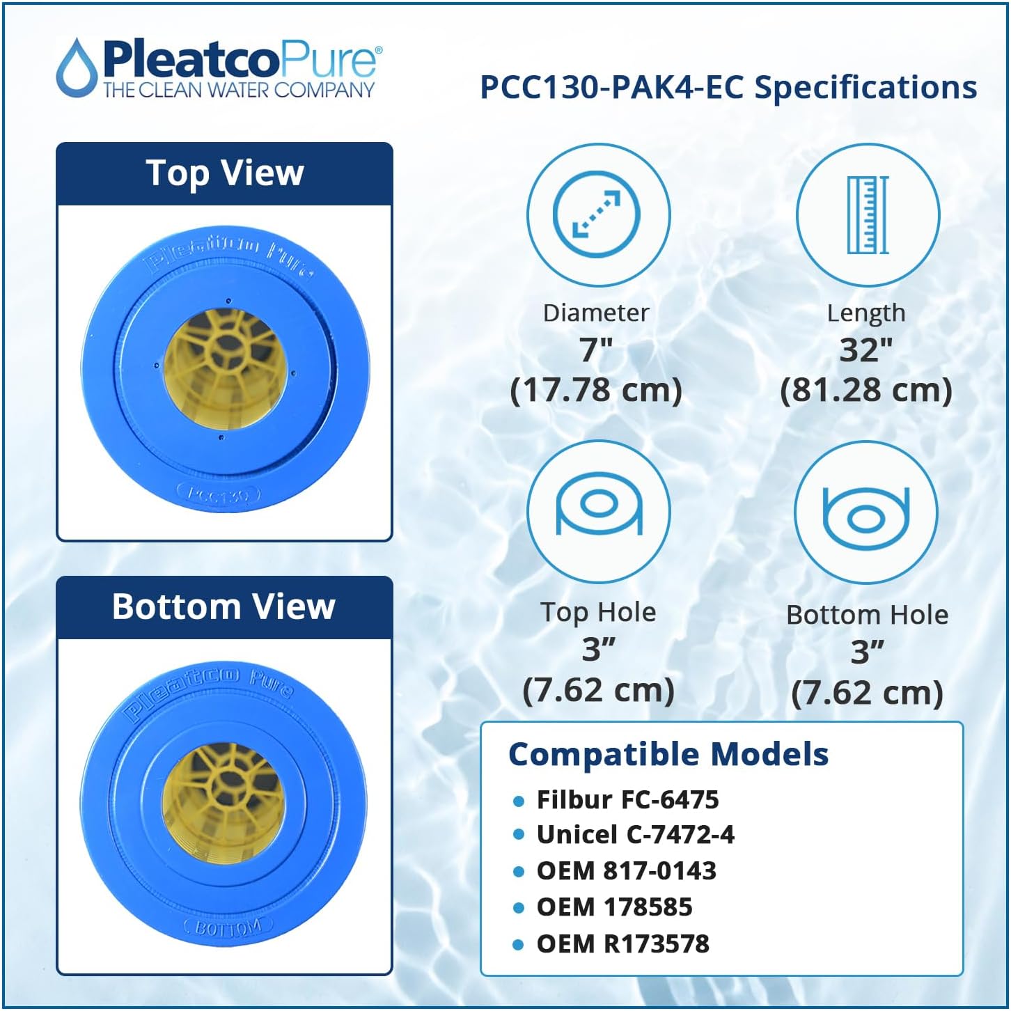 Pleatco PCC130-PAK4-EC Pool Filter Cartridge Replacement for Unicel: C-7472-4, Filbur: FC-6475, OEM Part Numbers: 817-0143, 178585, R173578, White