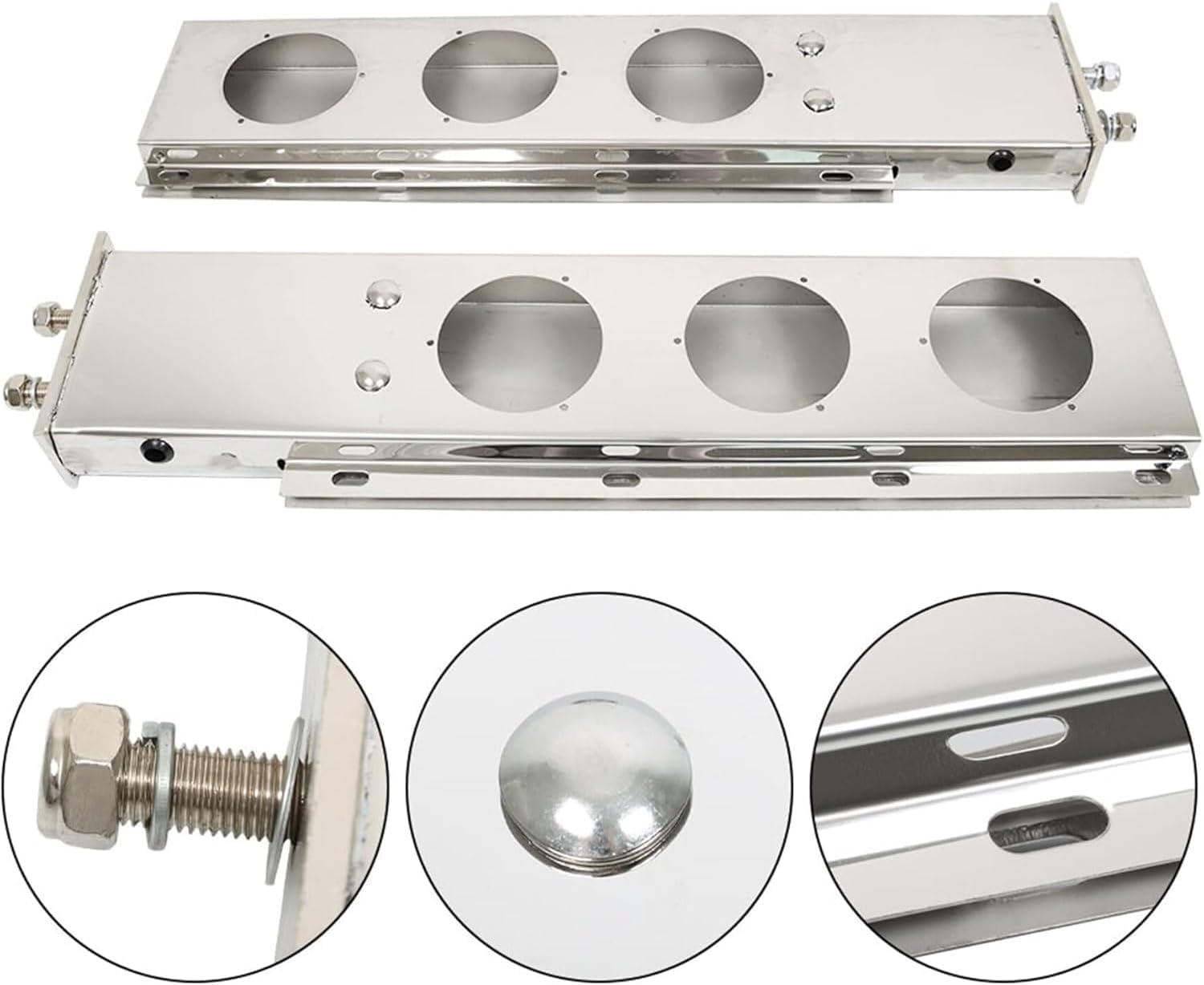 Stainless Steel Spring Loaded Mud Flap Hangers for Semi Trucks Rear Bar with Light Cutouts and Reflective Plate 2.5 Inches Bolt Spacing (Circular Hole)