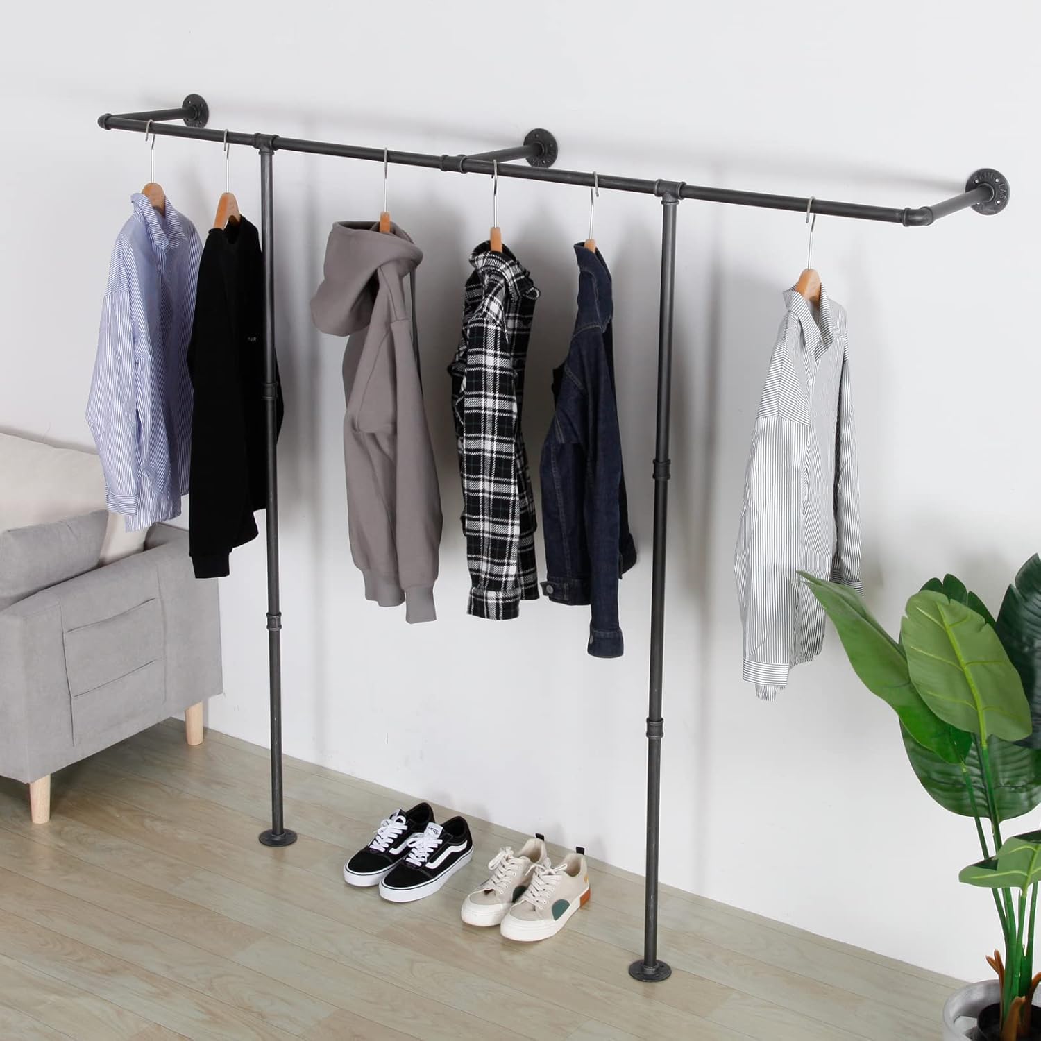Industrial Pipe Clothes Rack, Heavy Duty Wall Mounted Black Iron Garment Bar,Retail Display Rack Closet Storage Clothes Organizer (80.7, Black)