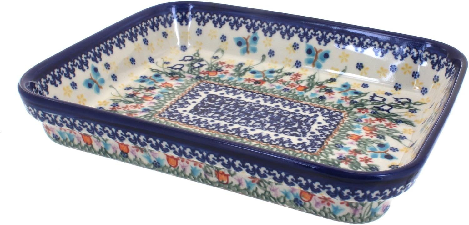 Blue Rose Polish Pottery - Blue Garden of Eden Small Rectangular Baker - 10.25