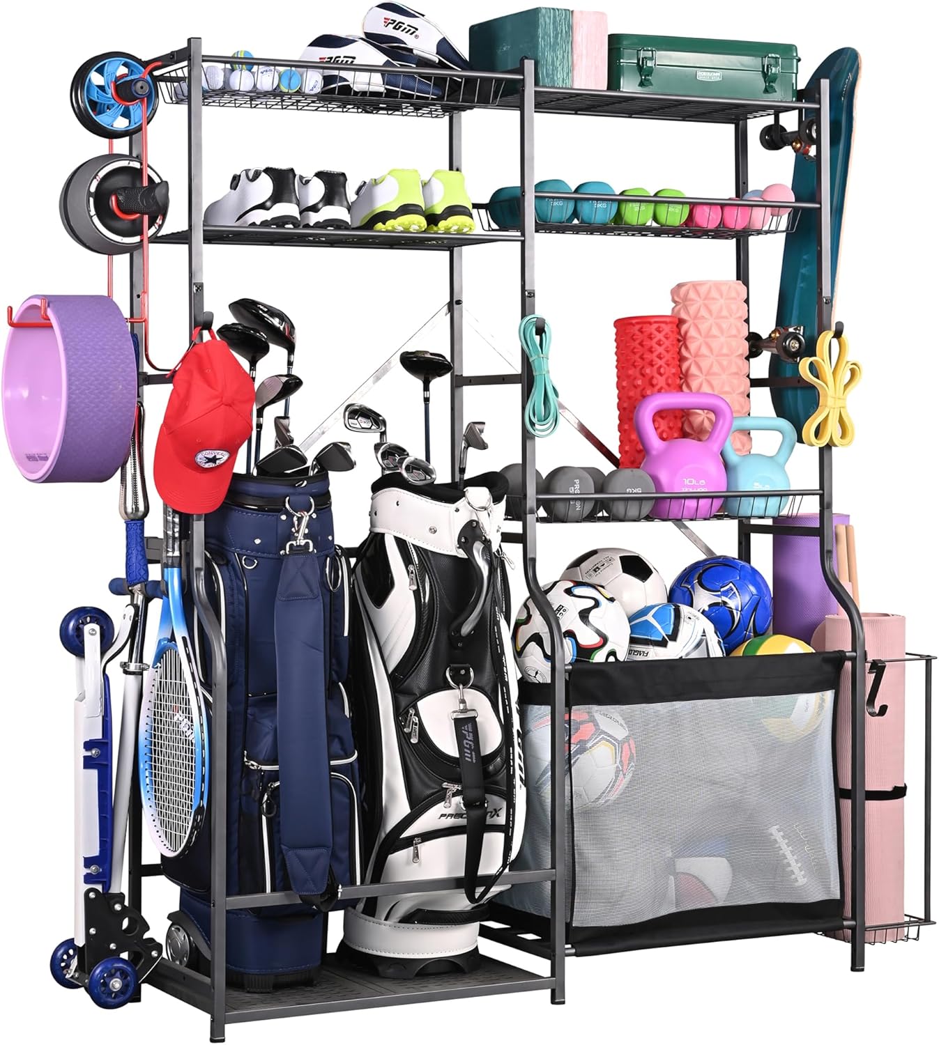 PLKOW Sports Equipment Organizer Rack, Garage Ball Rack, 2 Golf Bag Storage and Sports Gear Organizer for Garage