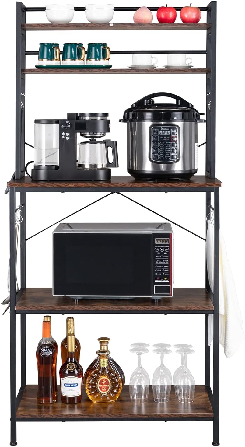 5-Tier Kitchen Bakers Rack with 10 S-Shaped Hooks, Industrial Microwave Oven Stand, Free Standing Kitchen Utility Cart Storage Shelf Organizer