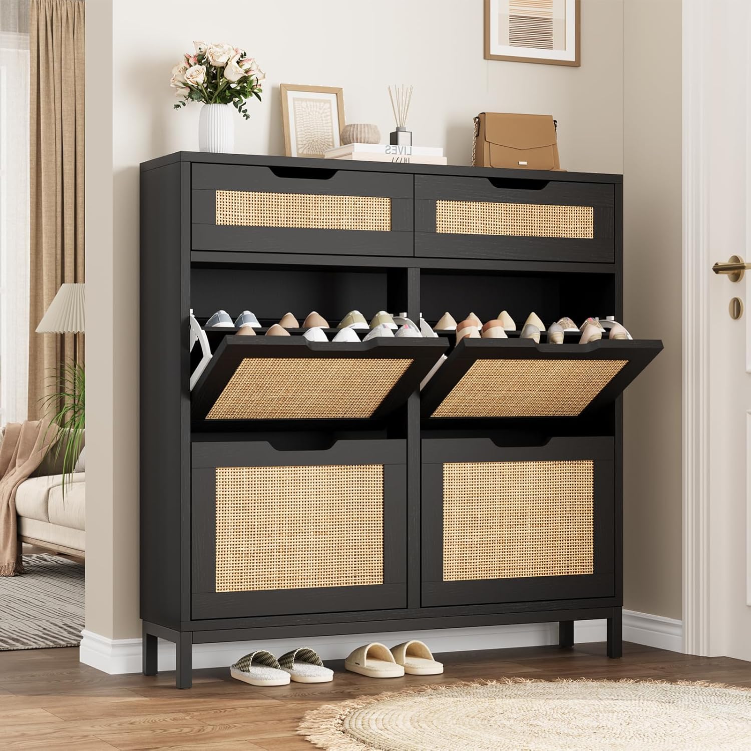 Rattan Shoe Cabinet for Entryway with 4 Flip Drawers & 2 Top Drawers, Freestanding Narrow Shoe Storage Cabinet with Metal Legs for Foyer, Hallway (Black)