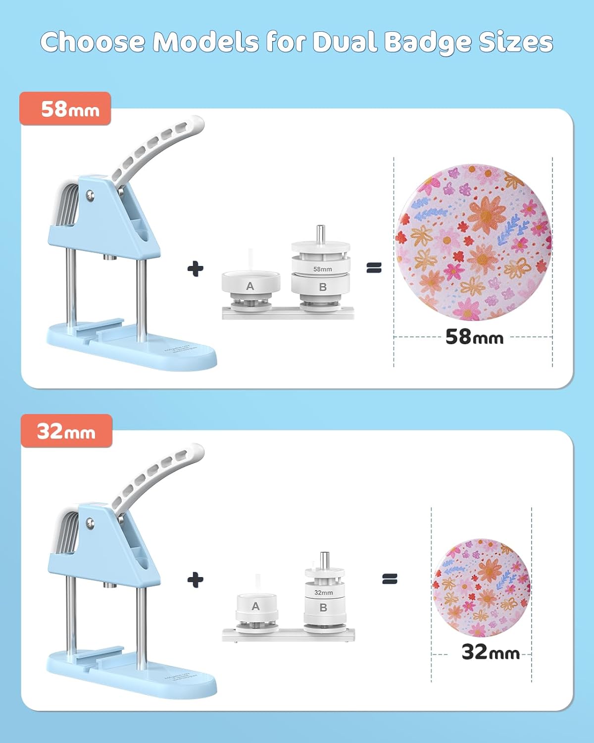 Button-Maker-Machine-Multiple-Sizes 32+58mm, Pin Maker Machine Includes 200 Metal Backings, Button Maker Kit with Sturdy Aluminum Body, 32+58mm/1.25+2.25 Inch Models, Ideal for Badge Creation