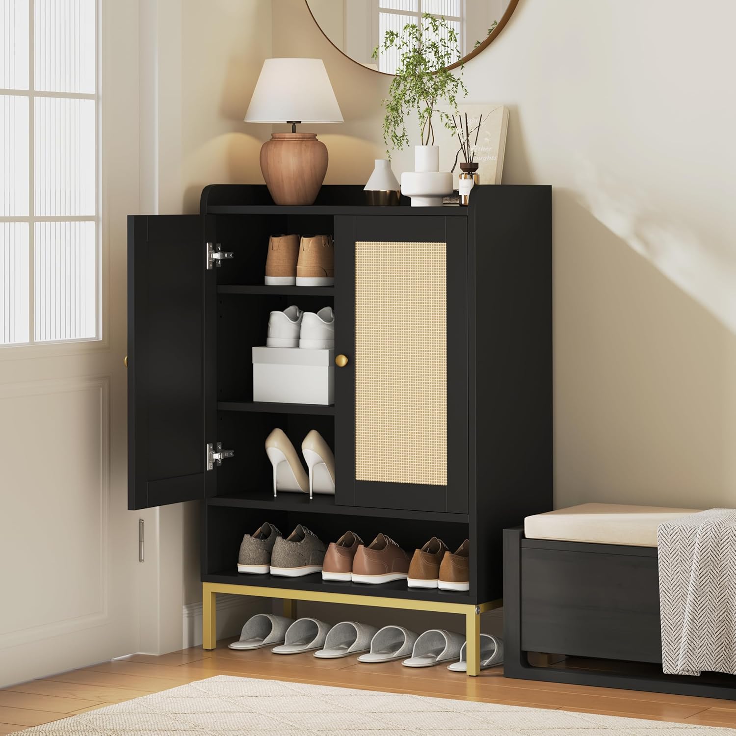 JASIWAY Rattan Shoe Cabinet Storage for Entryway, Shoe Cabinet with Adjustable Shelves for Entryway, 5-Tier, 20 Pair Shoe Rack Storage for Hallway, Closet, Living Room, Black