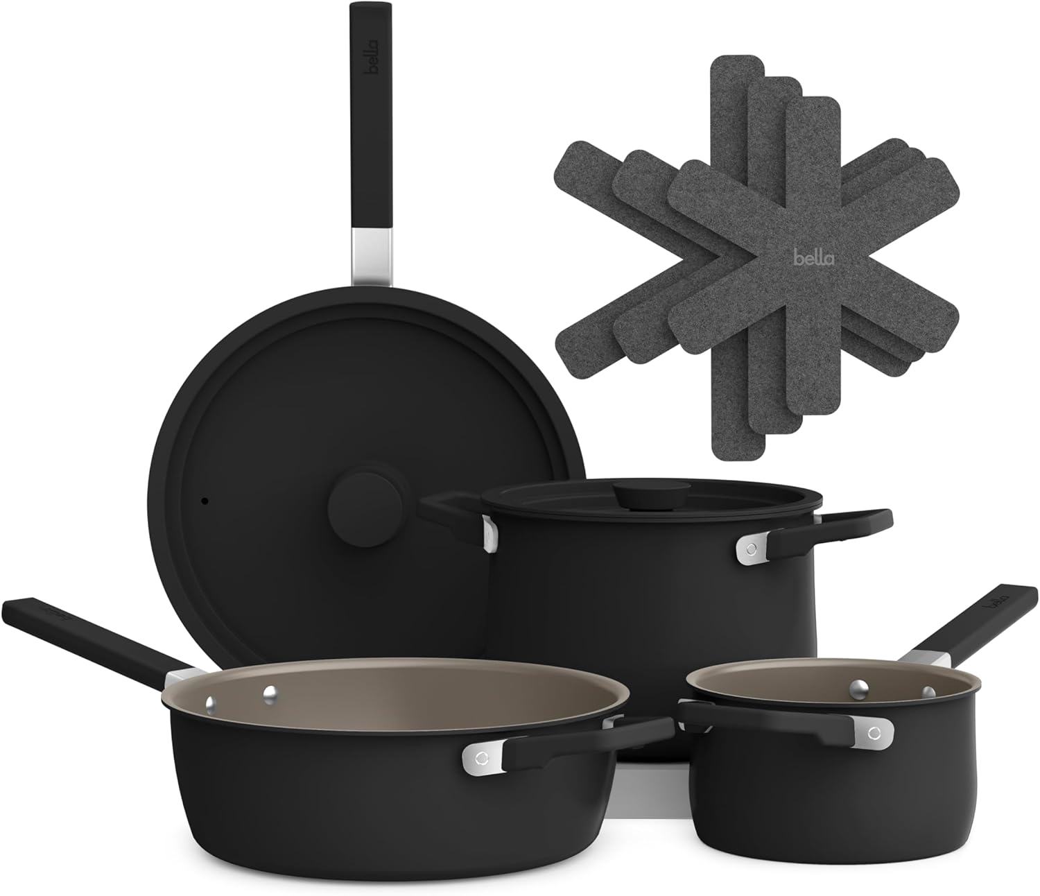 bella 9 Piece Ceramic Nonstick Cookware Set, Fits-anywhere™ Kitchenware w EverGood™ Coating, Dishwasher & Oven Safe, All Stovetops Compatible, Stackable Design, Cool Touch Handles, Seaglass