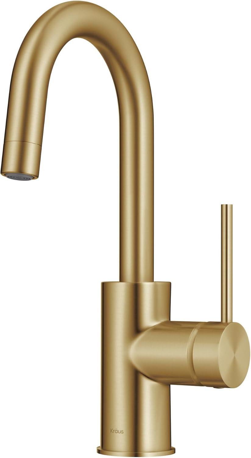KRAUS Oletto Single Handle Kitchen Bar Faucet with QuickDock Top Mount Assembly in Brushed Brass, KPF-2600BB