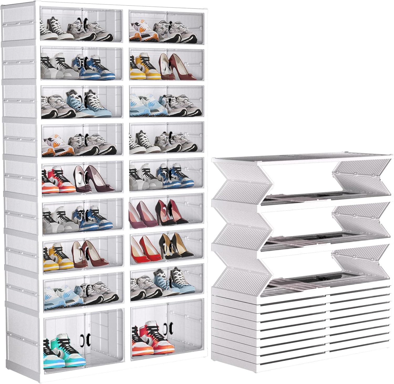 9 Tier 36 Pair Folding Shoe Rack with Wheels and Magnetic Doors,Stackable Transparent Shoe Cabinet Shoe Organizer Storage for Closet Entryway Bedroom