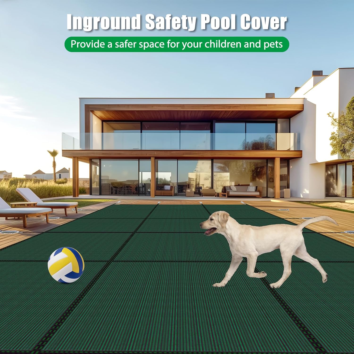 Inground Pool Cover Safety Fits 16x32ft Rectangle Swimming Pool, Mesh Solid Pool Cover for Inground Pools,Winter Pool Safety Cover Includes Safety Net and Installation Tools Green