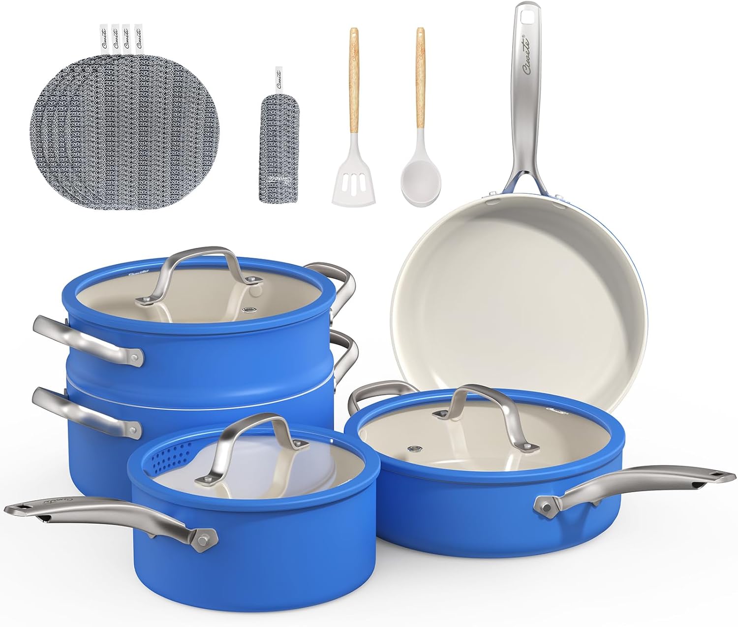 15 Pcs Pots and Pans Set Non Stick, Ceramic Cookware Set with Steamer, Non-Toxic Kitchen Cooking Set with Stay-Cool Ergonomic Handles, Oven & Dishwasher Safe, PFOS & PFOA Free (Cobalt Blue)