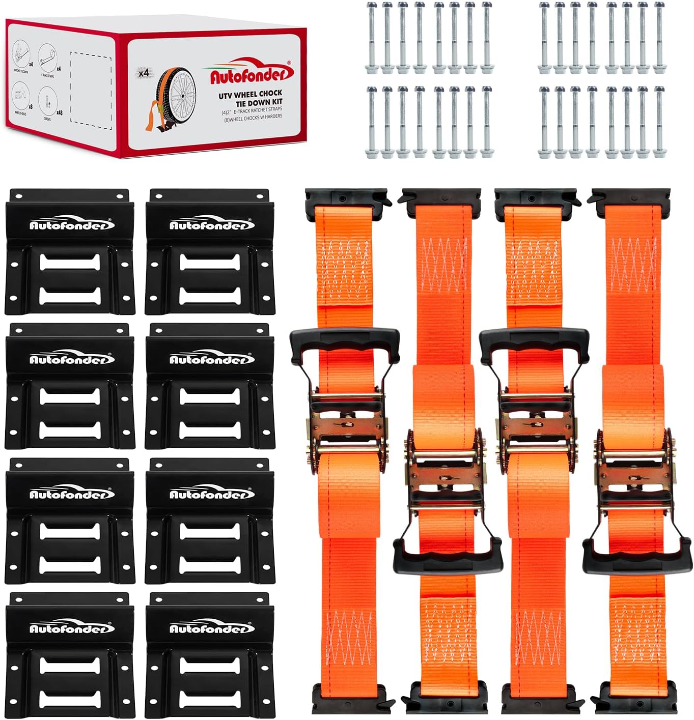 Wheel Chock Tie Down Kit (4500lb Break Strength) Heavy Duty Trailer Tire Straps System for ATV, UTV, Lawn Mower & More - Ratchet Tie Downs Accessories with E Track for Four Wheeler