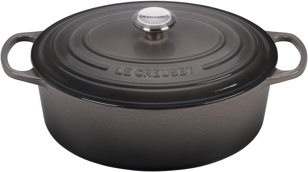 Le Creuset 9 1/2 Qt. Signature Oval Dutch Oven w/Additional Engraved Personalized Stainless Steel Knob - Oyster