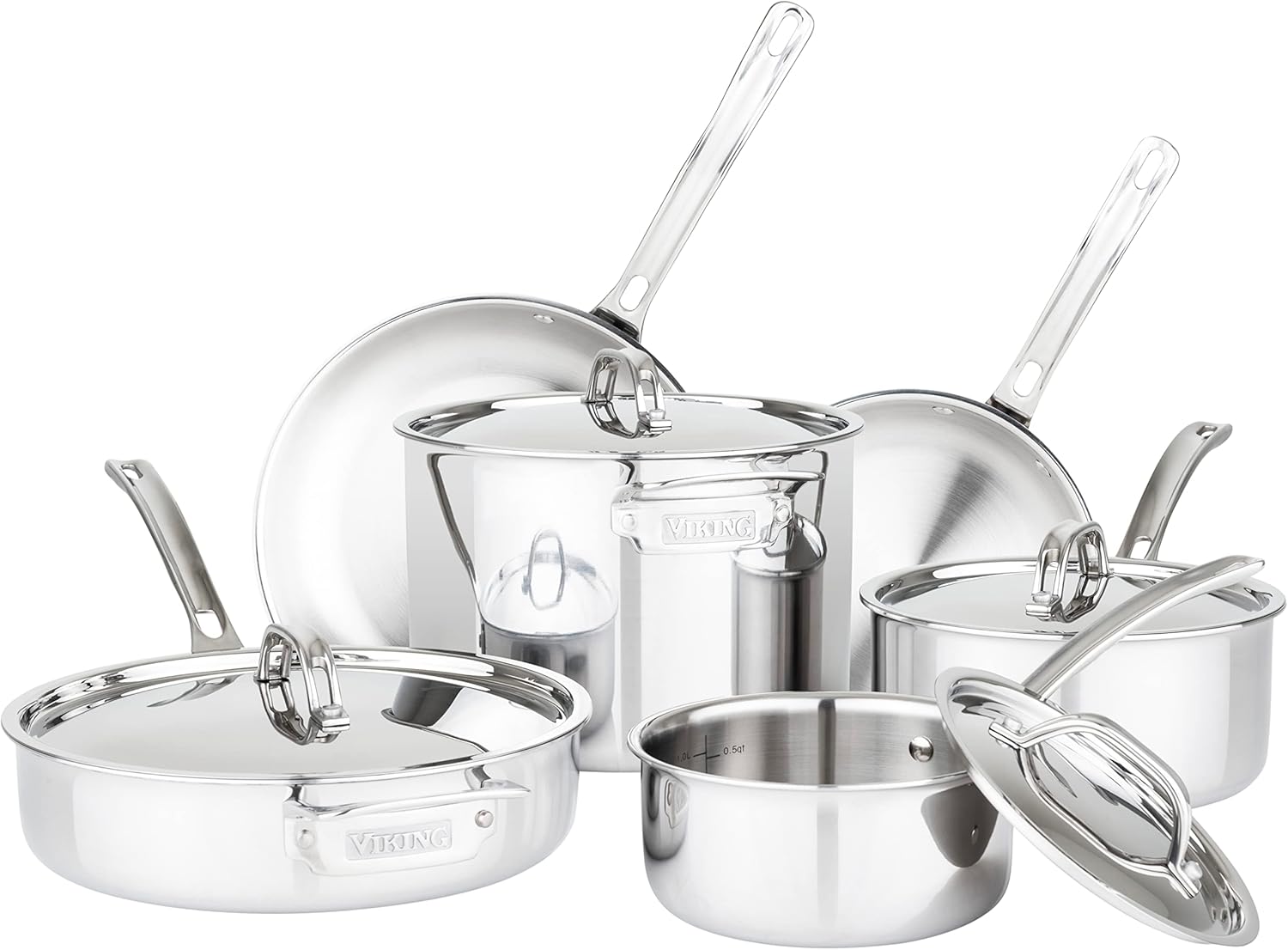 Viking Culinary 3-Ply Stainless Steel Cookware Set with Metal Lids, 10 Piece, Dishwasher, Oven Safe, Works on All Cooktops including Induction,Silver