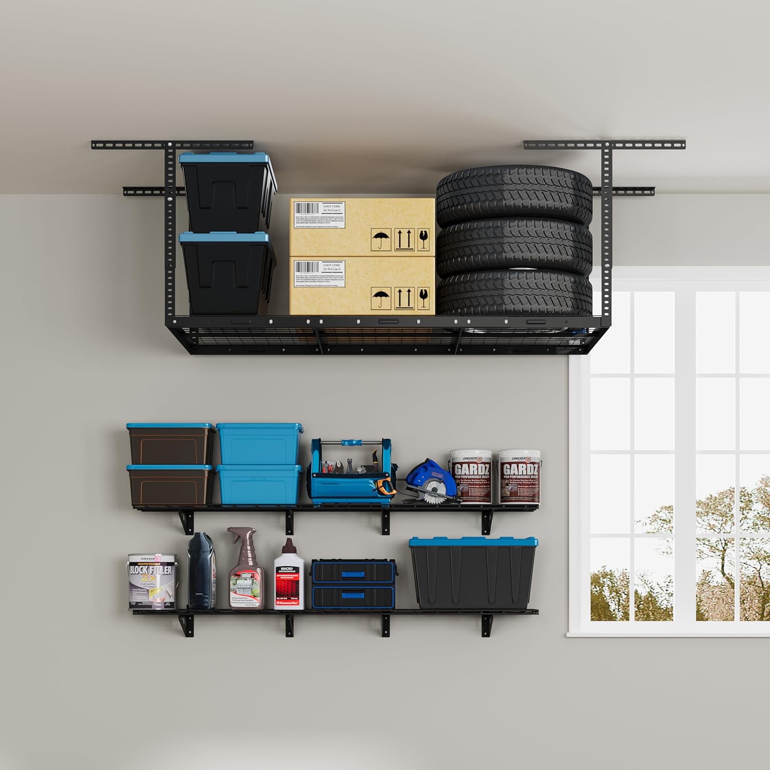 FLEXIMOUNTS 3x6 Overhead Garage Storage Adjustable Ceiling Storage Rack with 2-Pack 1x6ft 12-inch-by-72-inch Wall Shelf, 450lbs+600lbs Capacity,Black