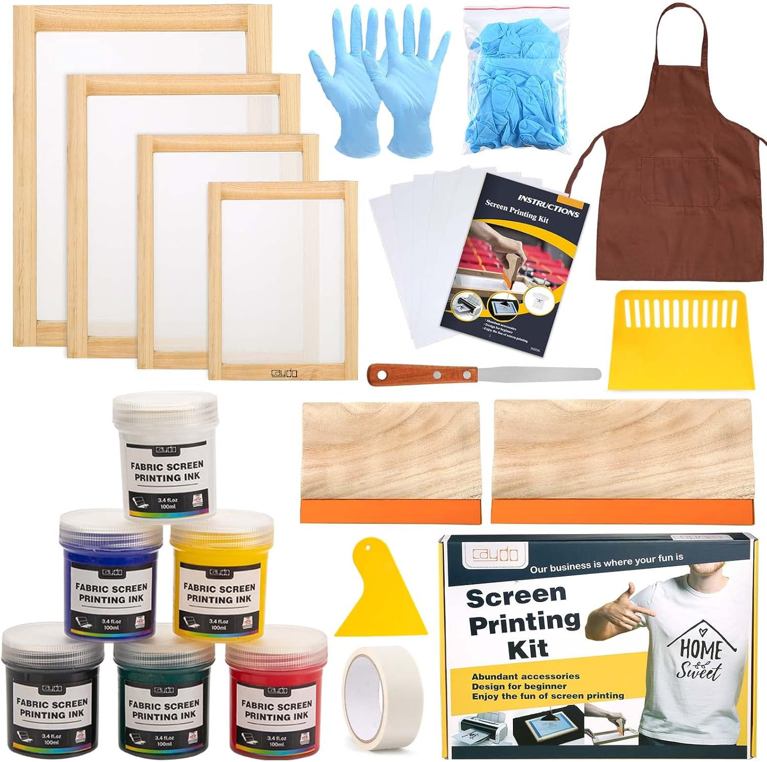Caydo 38 Pieces Screen Printing Kit Include Fabric Screen Printing Ink, 4 Size Screen Printing Frame, Screen Printing Squeegees, Inkjet Transparency Film, Ink Knife, and Mask Tape