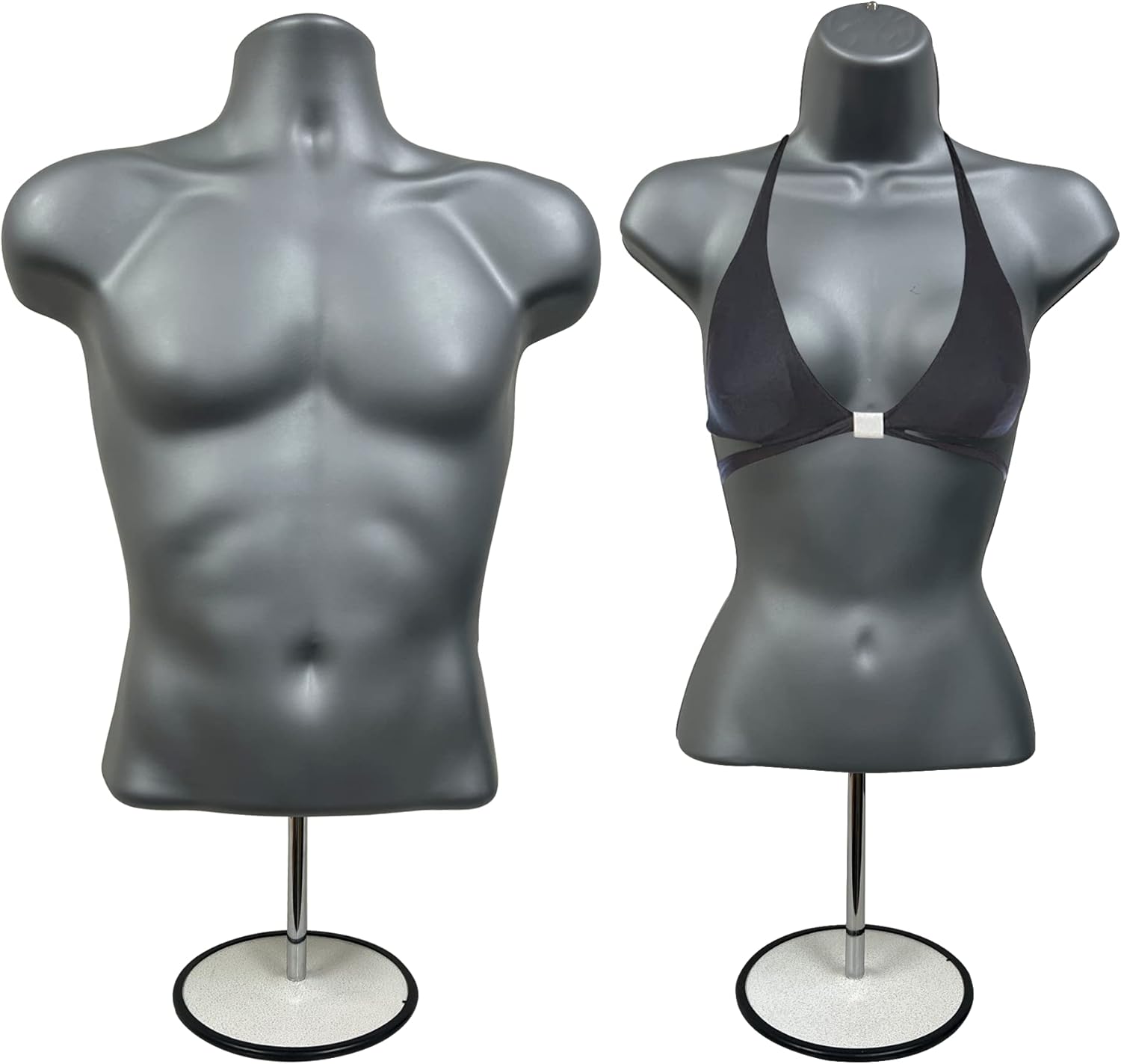 DisplayTown Male and Female Mannequin Torso with Metal Stand Hollow Back Body Stackable Dress Form for Tshirt Display, Countertop, Craft Shows, S-M Size (Gray, Set of 1)