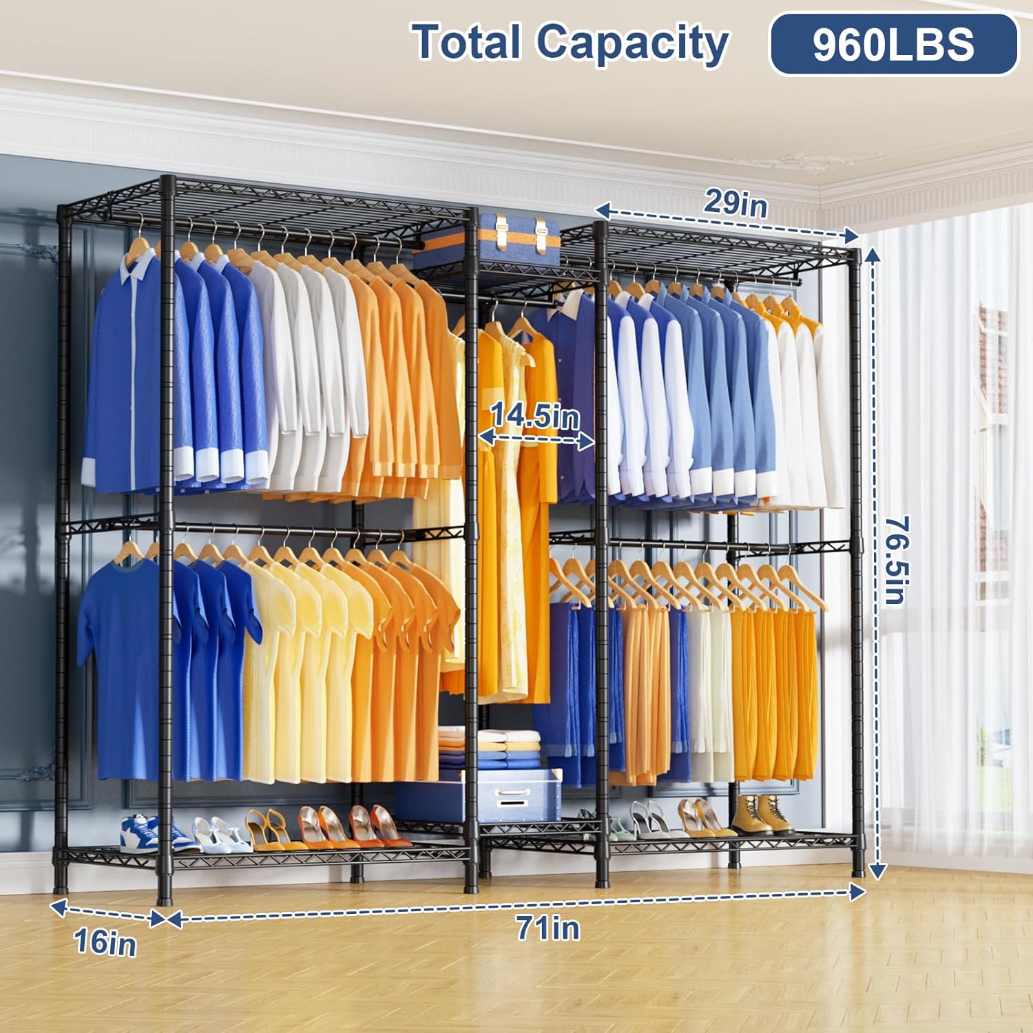 Ulif E12 Clothes Rack，Heavy Duty Freestanding Garment Rack with Shelves，Metal Clothing Closet Storage System for Hanging Clothes，71