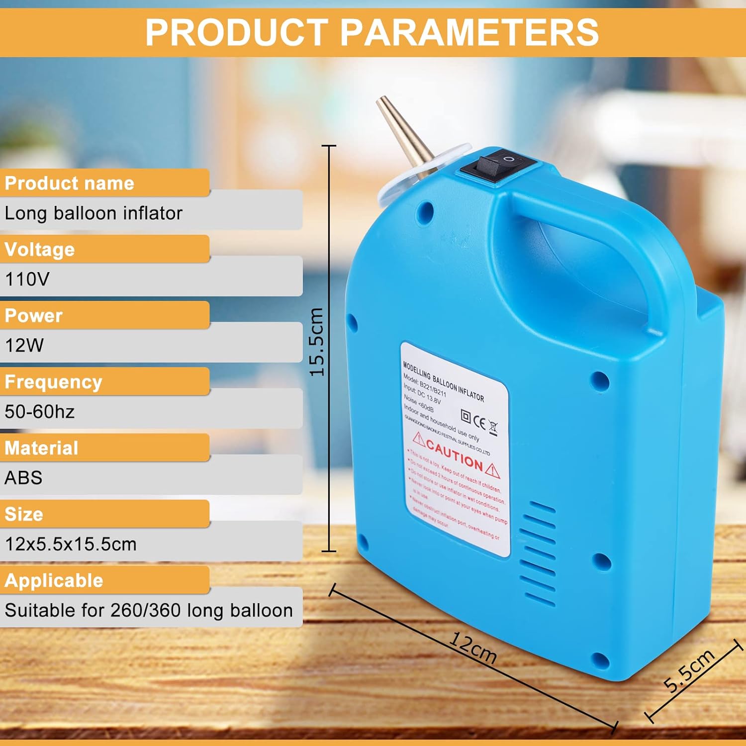 Electric Balloon Inflator Rechargeable Balloon Pump Long Balloon Air Inflator Portable Balloon Air Pump with 2 Nozzles for Birthday Party Decoration (Blue)