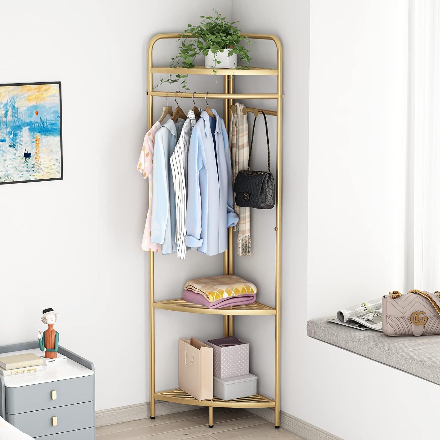 Corner Gold Clothing Racks Freestanding, Gold Metal Coat Racks with Hooks, Heavy Duty Modern Clothes Rack with 3 Tier Storage Shelves for Home,Bedroom,Living Room