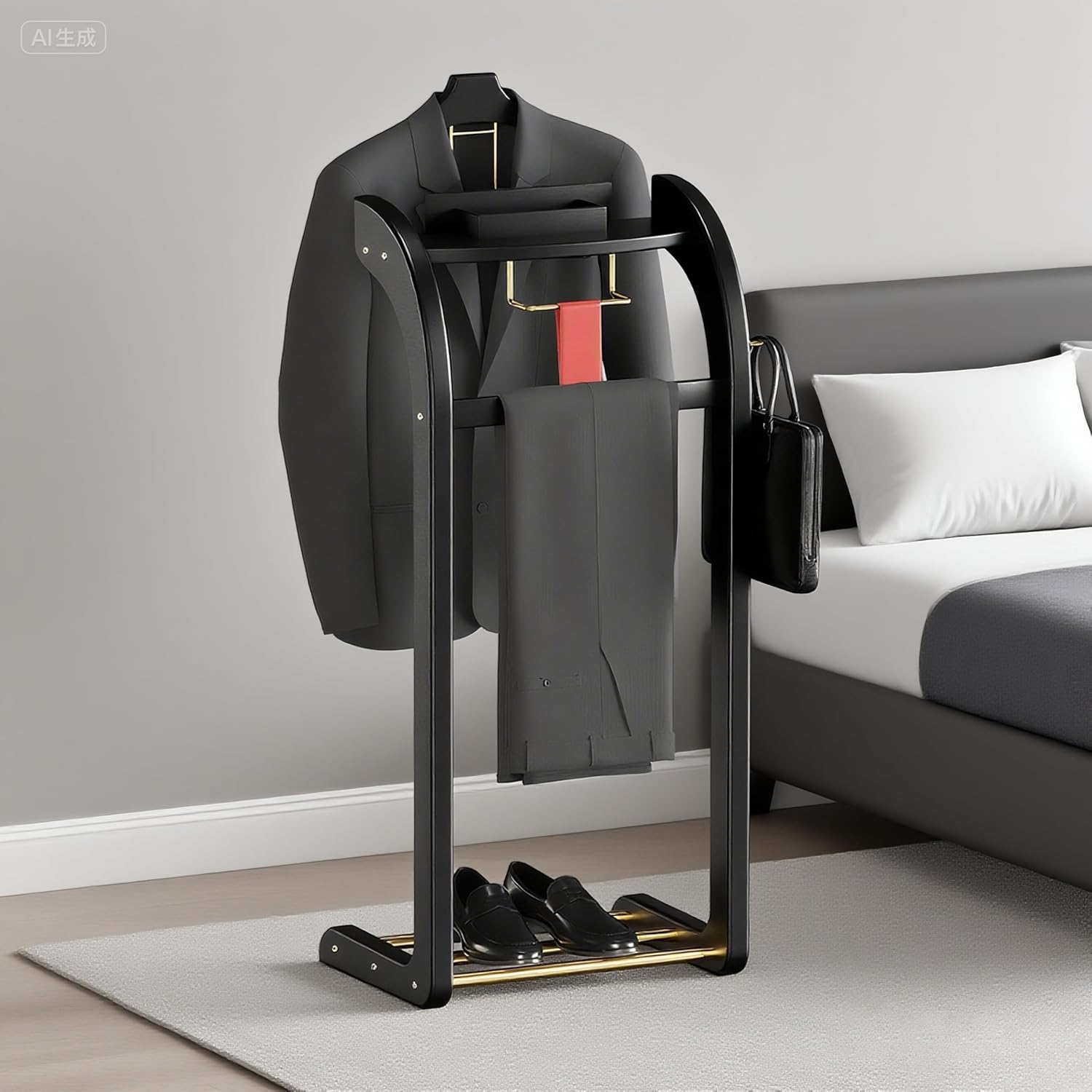 Suit Valet Stands for Women and Men, Wood Valet Stand with Base, Wardrobe Suit Valet Stand Organizer with Trouser Bar and Tie Bar, for Office Living Room (brown reddish colour)