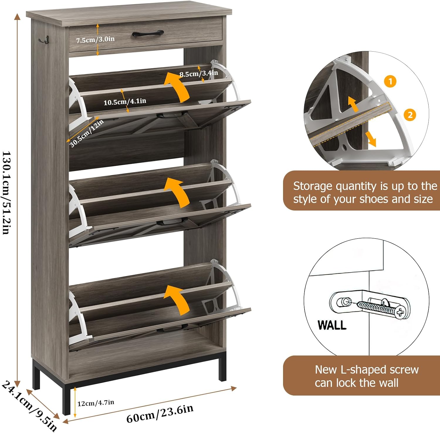 Shoe Storage Cabinet with 3 Flip Drawer, Farmhouse Narrow Shoe Cabinet with Metal Legs and Pull Out Drawer, 57.1'' H Freestanding Hidden Shoes Storage Organizer for Entryway, Hallway