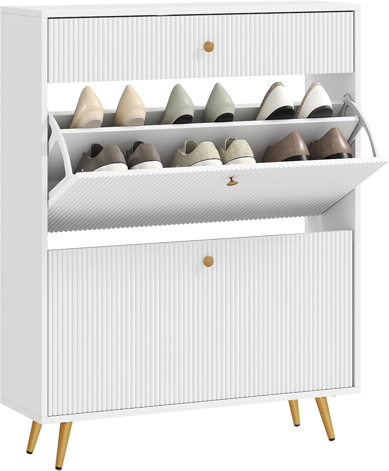 HOMCOM Narrow Shoe Cabinet with 2 Flip Drawers, Modern Shoe Storage Cabinet with Wave-Like Panels and Adjustable Shelves for 12 Pairs of Shoes, for Entryway Hallway, White