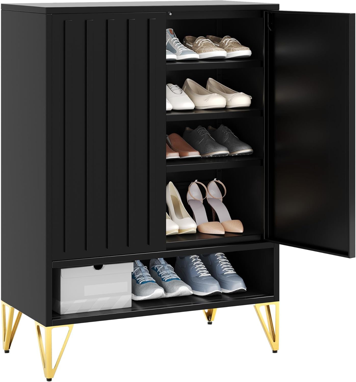 YITAHOME Shoe Storage Cabinet with Adjustable Shelves, 5-Tier Steel Shoe Cabinets with 3 Doors, Modern Fluted Free Standing Shoe Organizer, Shoe Rack Cabinet for Entryways, Hallways, Living Room,White