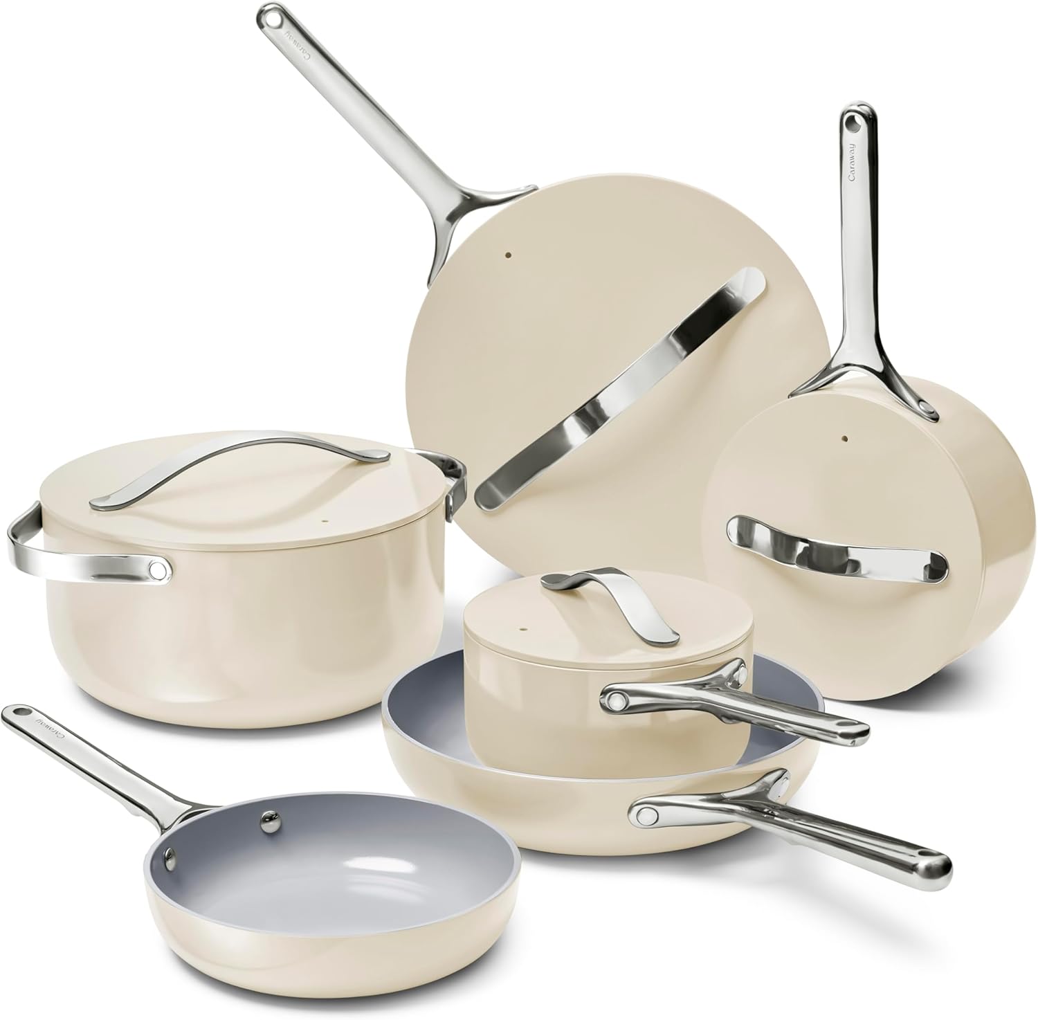 Caraway Deluxe Nonstick Ceramic Cookware Set (16 Piece) Pots, Frying Pans, Lids and Kitchen Storage - PFAS & PFOA Free - Oven Safe Ceramic Pan Set & Compatible with All Stovetops - Cream