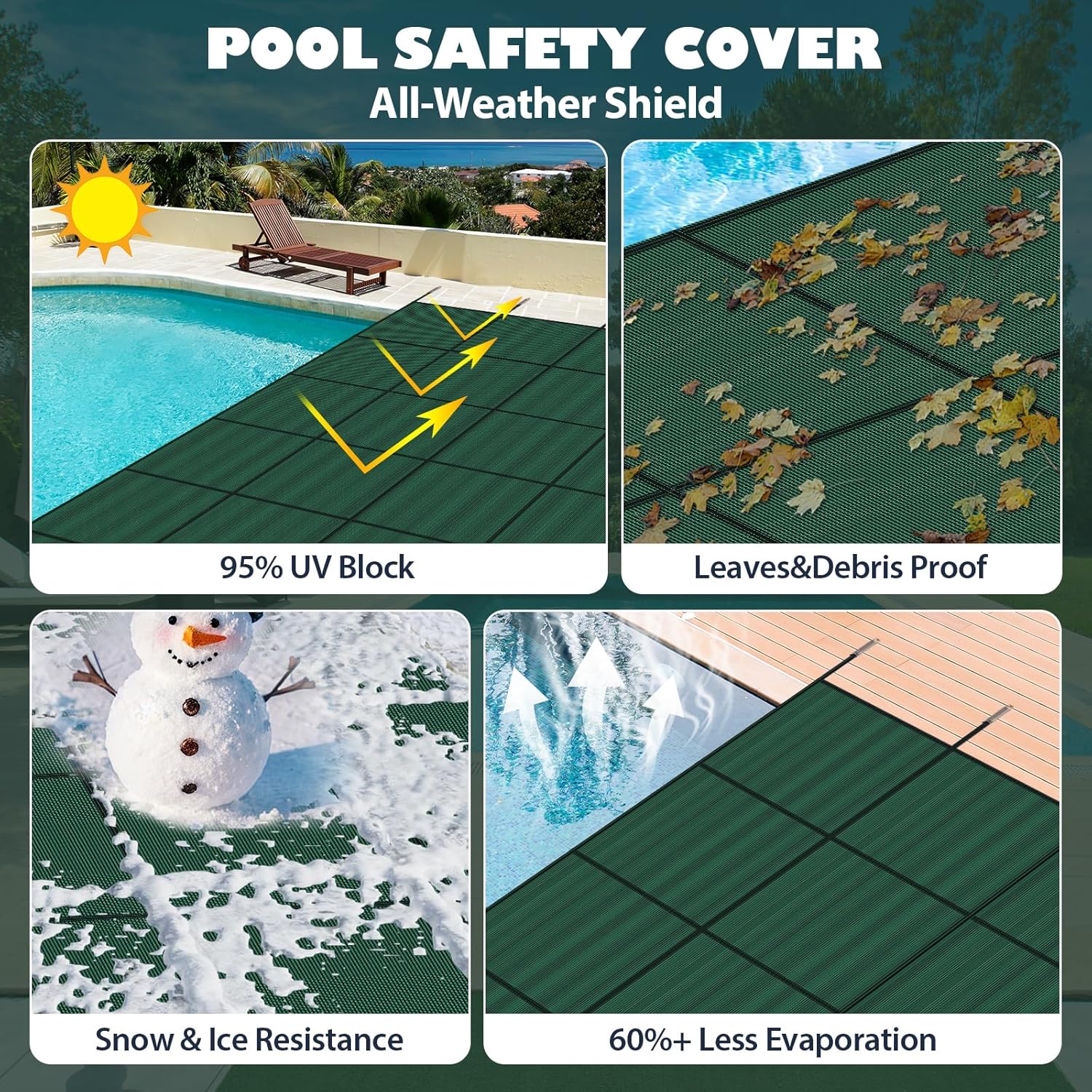 Pool Safety Cover for Inground Pools, Heavy-Duty Winter Pool Cover, Rectangle Mesh/Solid Swimming Pool Covers, Triple Stitched for High Strength & UV Protection，Green